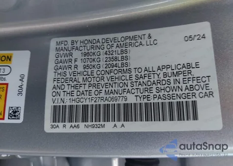 2024 Honda Accord Lx из США, поврежденный, VIN 1HGCY1F27RA069779